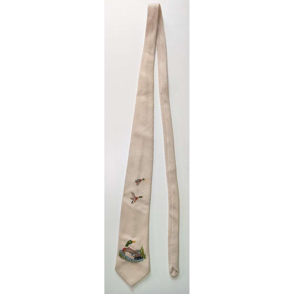 Vintage Skinny Necktie Beige Embroidered Mallard Ducks Tan Linen Texture